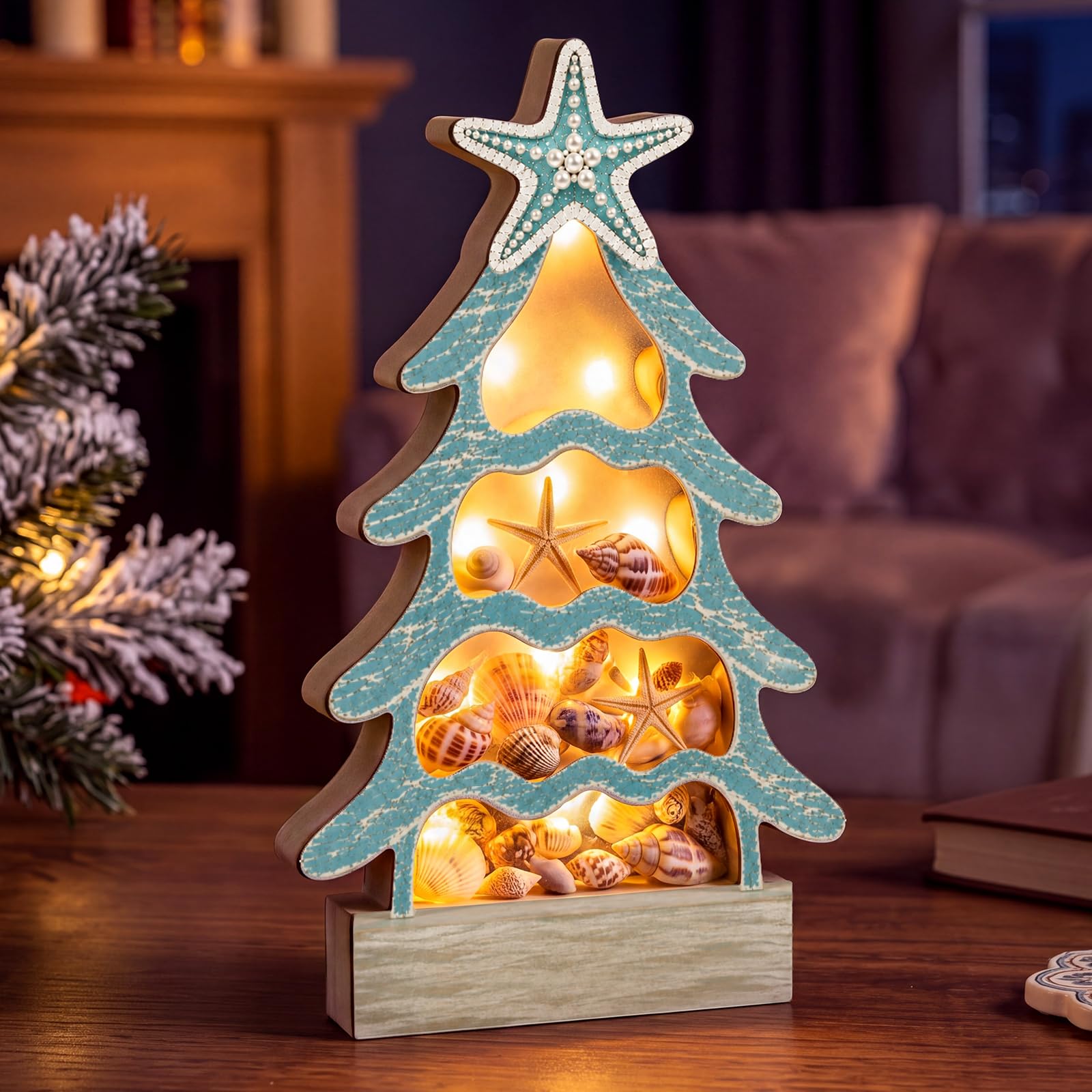 FoldTier Christmas Tree Seashell Display Case with Lights and Window