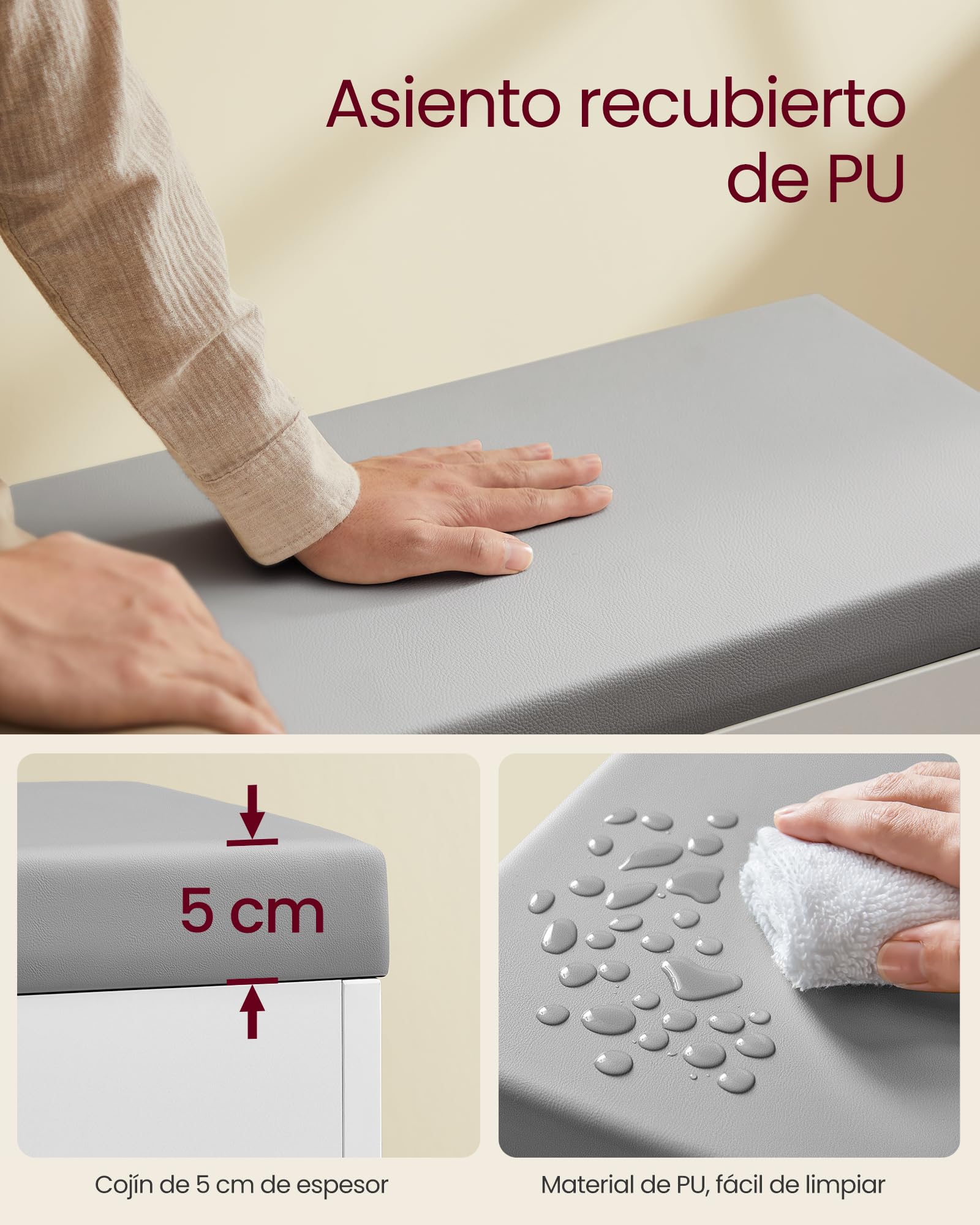 VASAGLE Custos Colección - Banco Zapatero, Mueble Zapatero con Asiento Tapizado, Banco Recibidor con 3 Compartimentos, 30 x 60 x 44 cm, Entrada, Blanco Nube y Gris Paloma LHS020W01V1