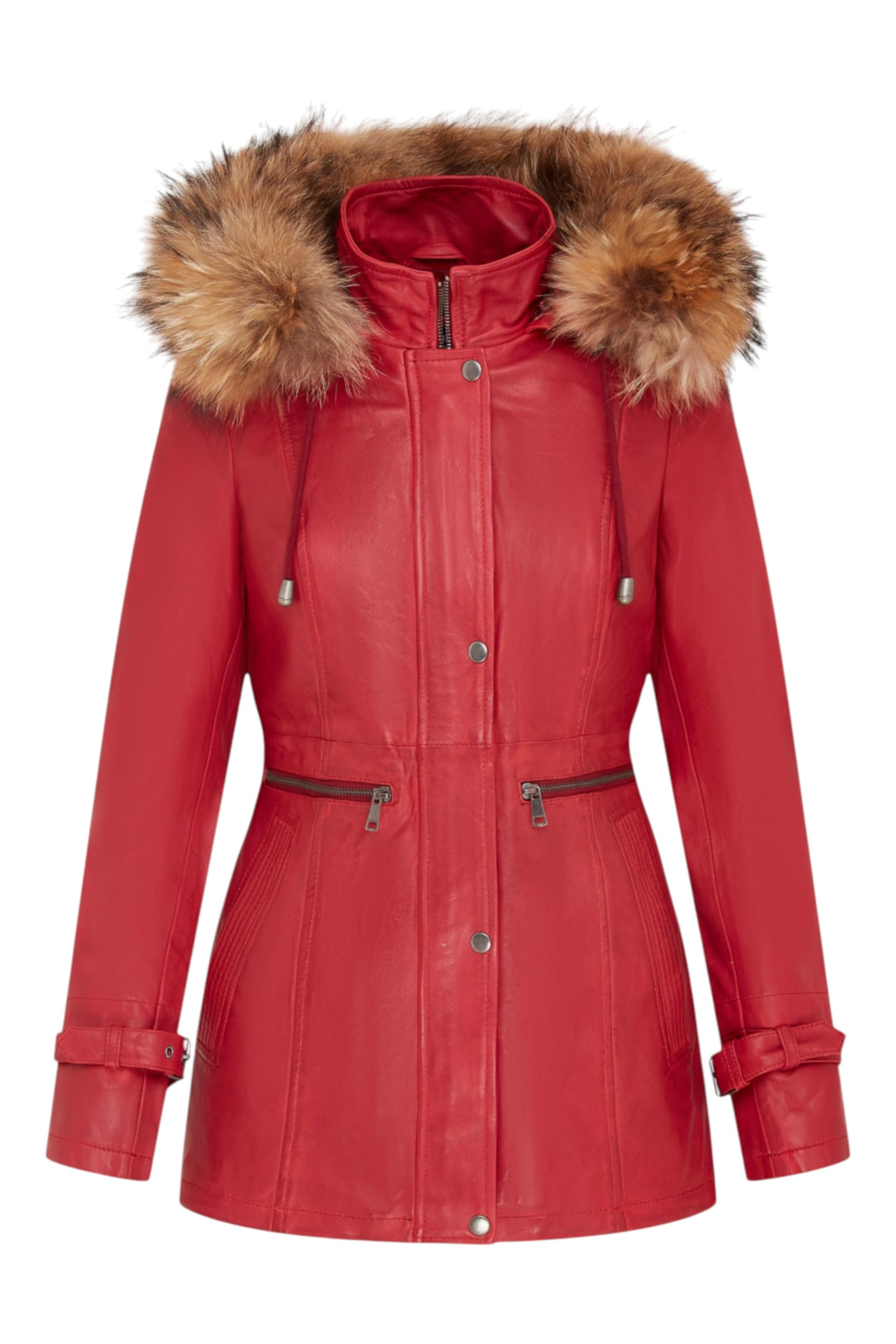 Infinity Leather Women's Red Leather Hooded Parka Jacket-Putian - Uk 5XL/24 | Eu 50 | Us 20