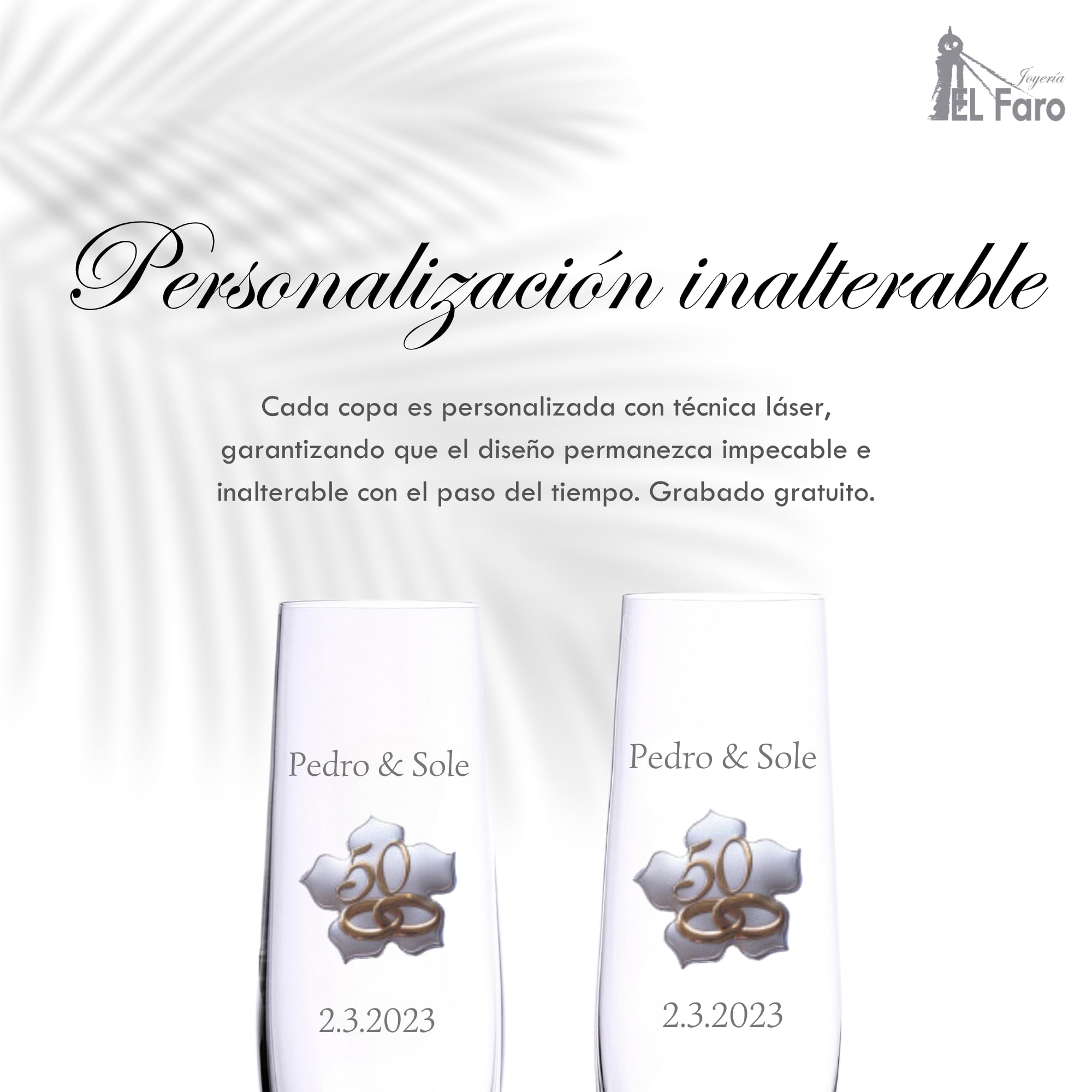 JOYERIA EL FARO Copas de Champán Personalizadas para Bodas de Oro – Juego de 2 Copas con Chapita Dorada en Forma de Hoja – Estuche Premium de Joyería – Regalo 50 Aniversario de Casados