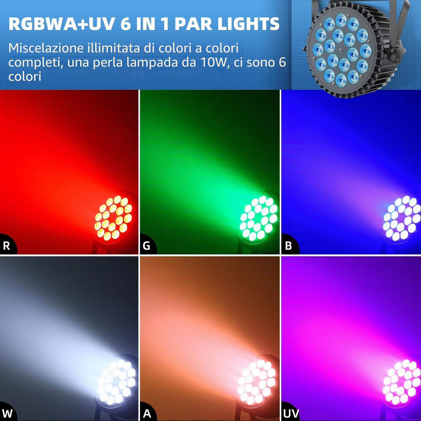 2PCS RGBWA UV 200W Par LED, 18 Luci da Palco D MX 7/10CH con Stroboscopio e Attivazione Sonora, Illuminazione Discoteca per Spettacoli Bar Feste Matrimoni Halloween