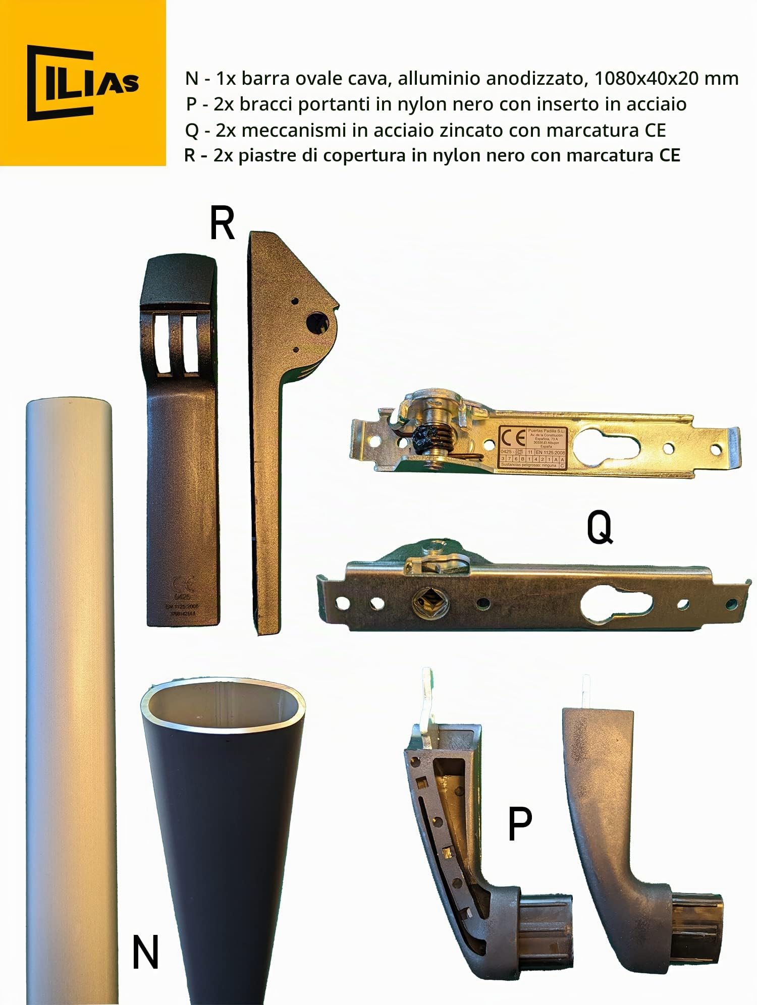 Maniglione antipanico con serratura, maniglia, cilindro per porte su uscite di sicurezza, marcato CE, EN 1125 (Kit completo)
