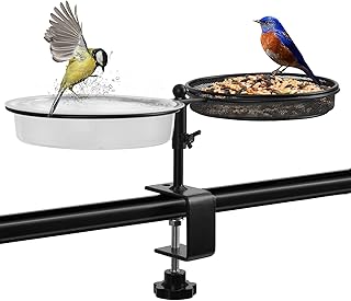 JUJOYBD 2-in-1 Vogeltränke und Futterstation mit Klemmhalterung für Balkongeländer, hängend Vogelfutterspender Vogelbad/Wassertränke Futterplatz für Vögel im Garten oder Balkon product image