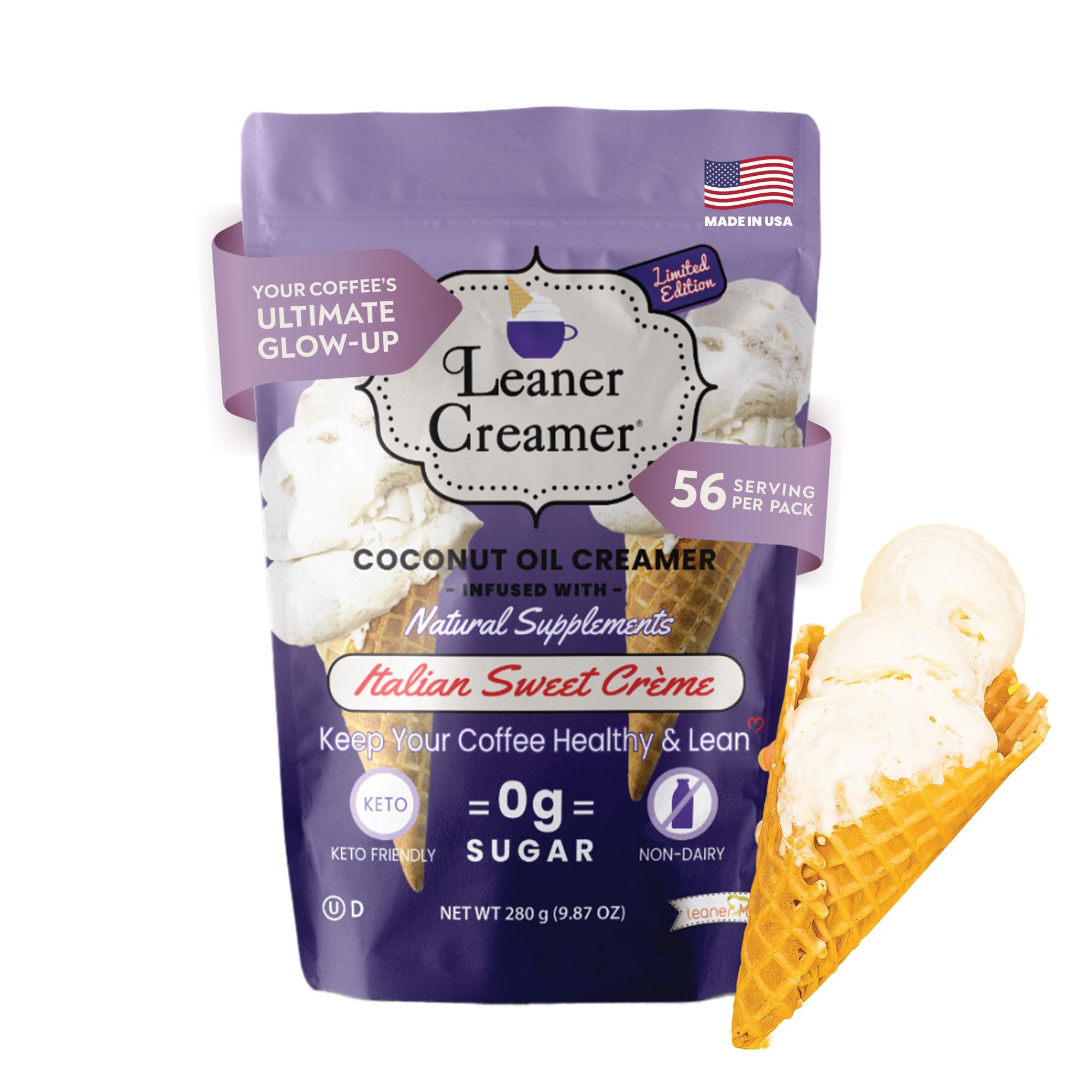 Leaner Creamer Coconut Creamer with Superfood Ingredients – Non-Dairy, Sugar-Free, Keto, Gluten-Free Powdered Coffee Creamer – Italian Sweet Creme – 280g