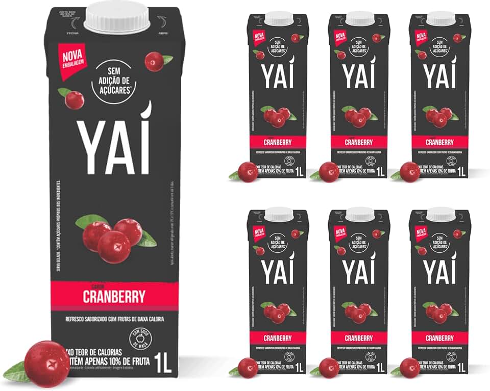 YAÍ Suco de Cranberry Sem Açúcar, Baixa Caloria, 1L, Kit com 6 Unidades