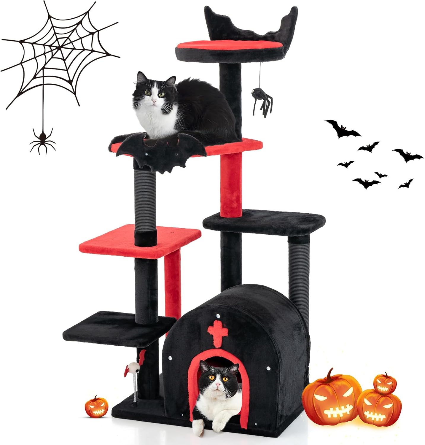 Tangkula Gothic Cat Tree, 53 Inch Black Cat Tower with Coffin Bed, Condo, Scratching Posts, Spider Pompom & Spring Balls, Halloween Pet Furniture, Spooky Goth Cat Tree for Indoor Cats