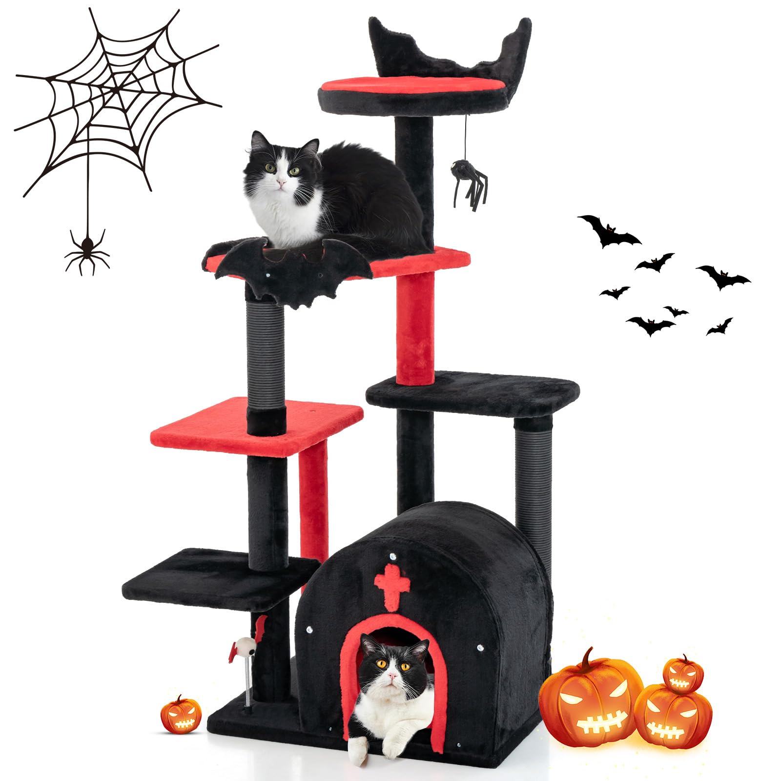 Tangkula Gothic Cat Tree, 53 Inch Black Cat Tower with Coffin Bed, Condo, Scratching Posts, Spider Pompom & Spring Balls, Halloween Pet Furniture, Spooky Goth Cat Tree for Indoor Cats
