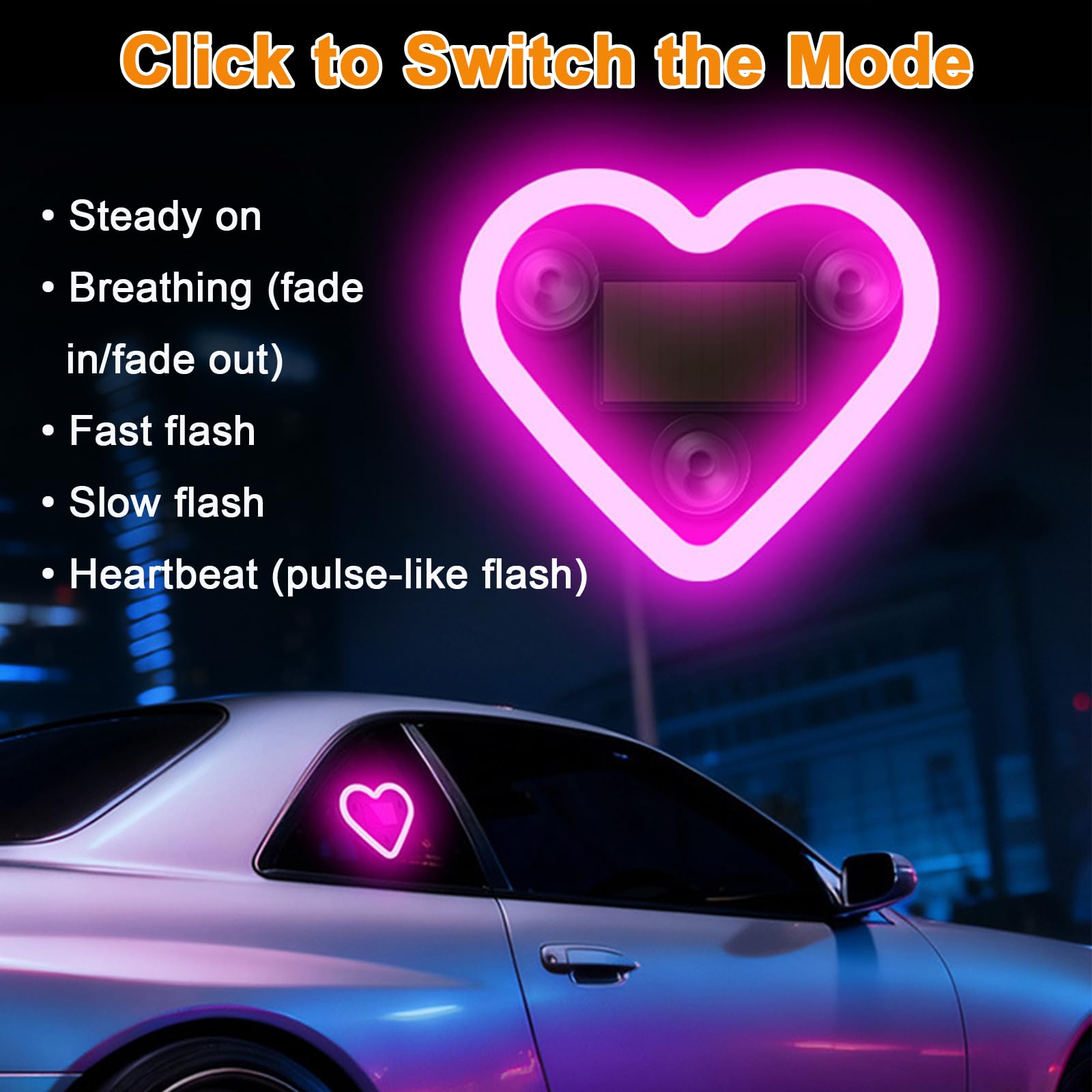 Ambientebeleuchtung fürs Auto, 2 Stück Solar Herz LED Neonlichter, Kabellose Solar Herzlichter mit 5 Beleuchtungsmodi und Vibrationssensor für Autoinnenraum, Schlafzimmer, Partys (Rosa)