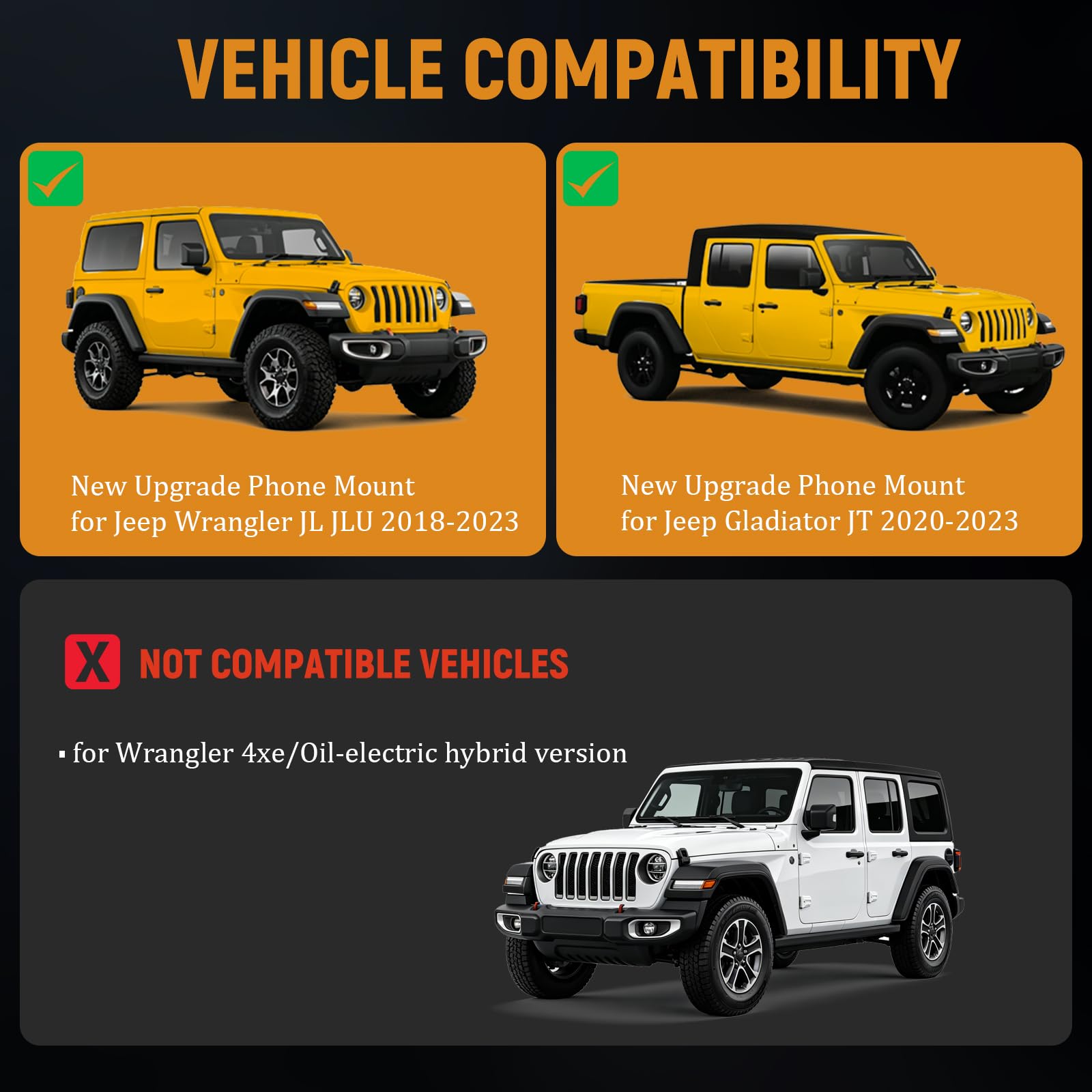 Support de téléphone pour Jeep JL JLU 2018-2023/Gladiator JT 2020-2023 (pas
