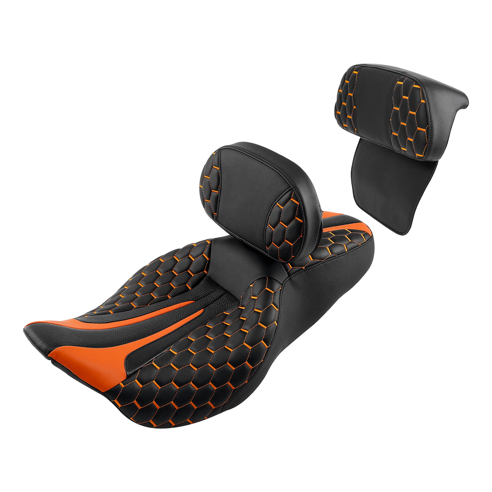 SLMOTO Motorcycle Driver Passenger Seat Rider Backrest Sissy Bar Fit for Harley Touring Road King Street Glide Electra Glide Road Glide Hexagon Scorched 2014-2023 Orange Stitching Rider Seat Cushion