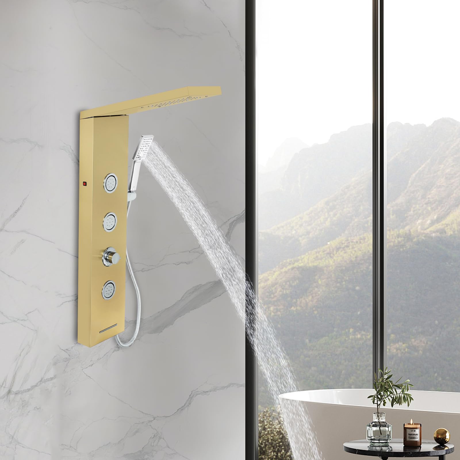 Panel de ducha, 50 x 16 x 89 cm, panel de ducha con grifo, columna de ducha para baño, iluminación LED para baños en casas, hoteles, casas de huéspedes, apartamentos (dorado)
