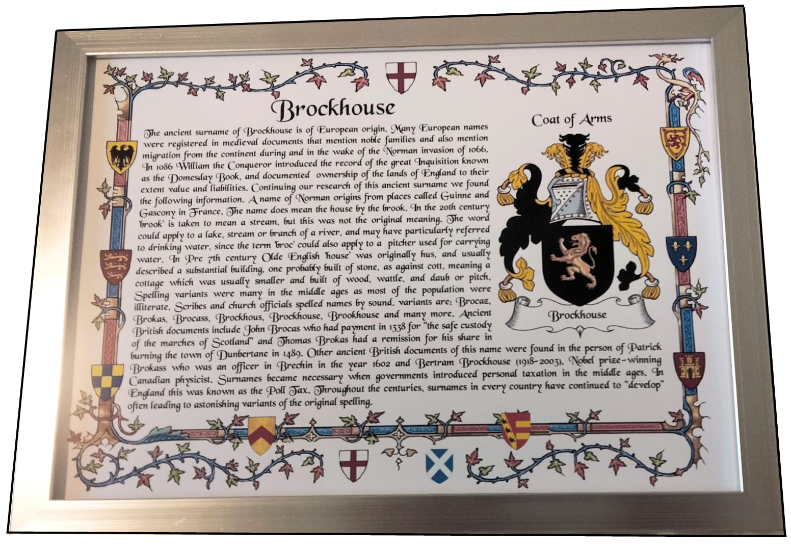 NWM-Gifts YOUR FAMILY SURNAME, IT'S HISTORY, ORIGIN and YOUR FAMILY COAT OF ARMS Comes to you ready framed Ideal personalised Gift for Birthday, Achievment Reward, Retirement or just a thank you