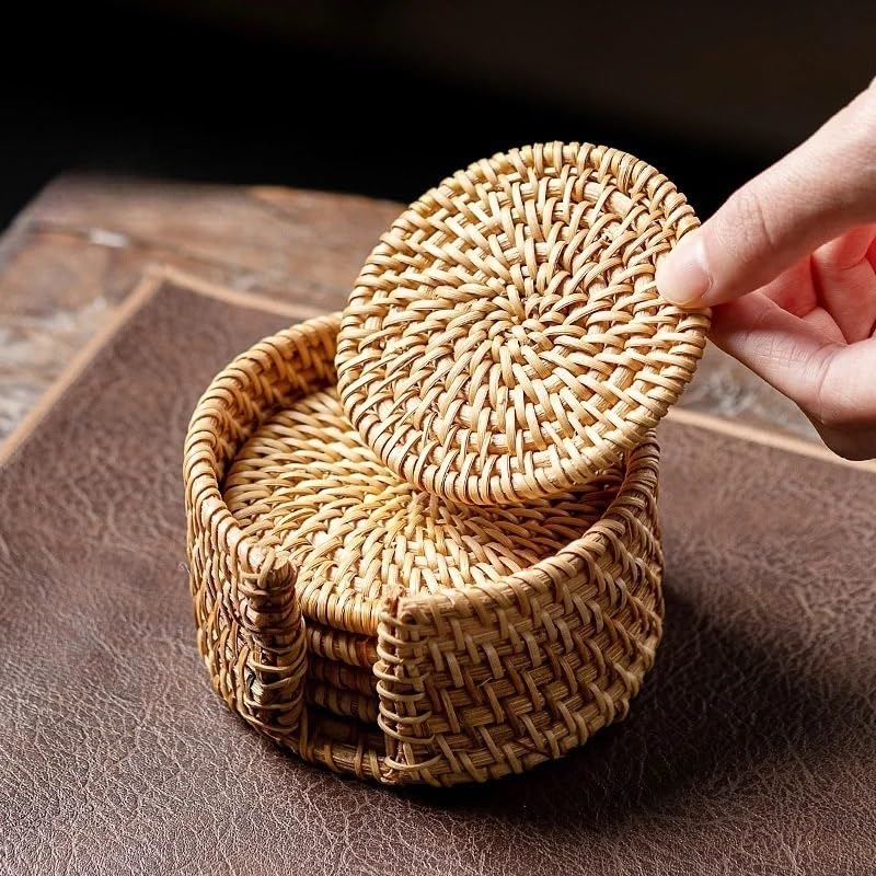 Sous-verre rotin tressé 8cm évitez les taches : dessous de verre bois service à thé Kung Fu