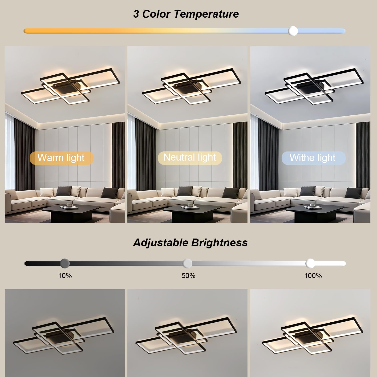 Plafonnier LED Dimmable 80CM 45W Luminaire Plafonnier Salon Noir
