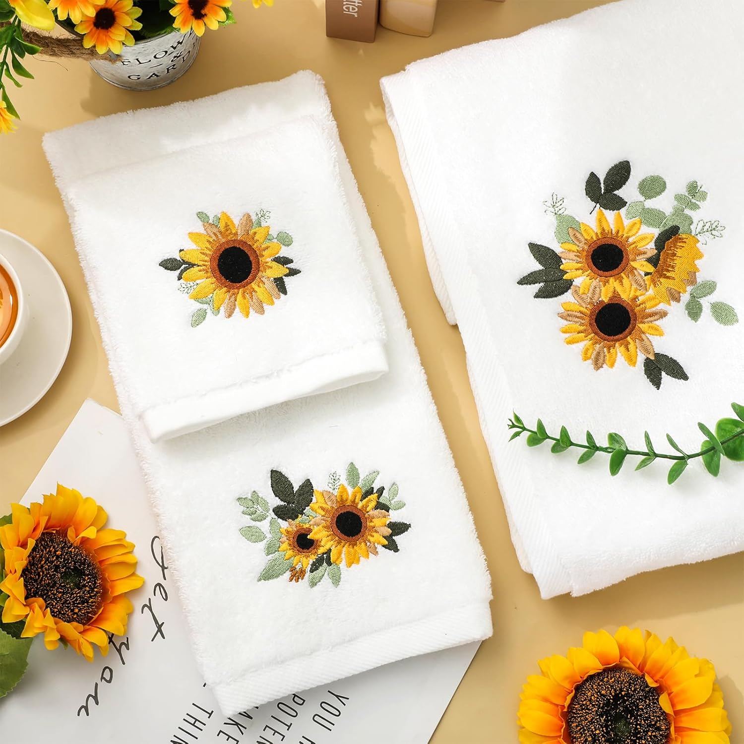 JarThenaAMCS Sunflower Bathroom Towels Set of 3 Floral Embroidered Cotton Bath Towel Spring Summer Flower Hand Towel Wash Cloth for Hand Drying Shower Supplies - Image 3