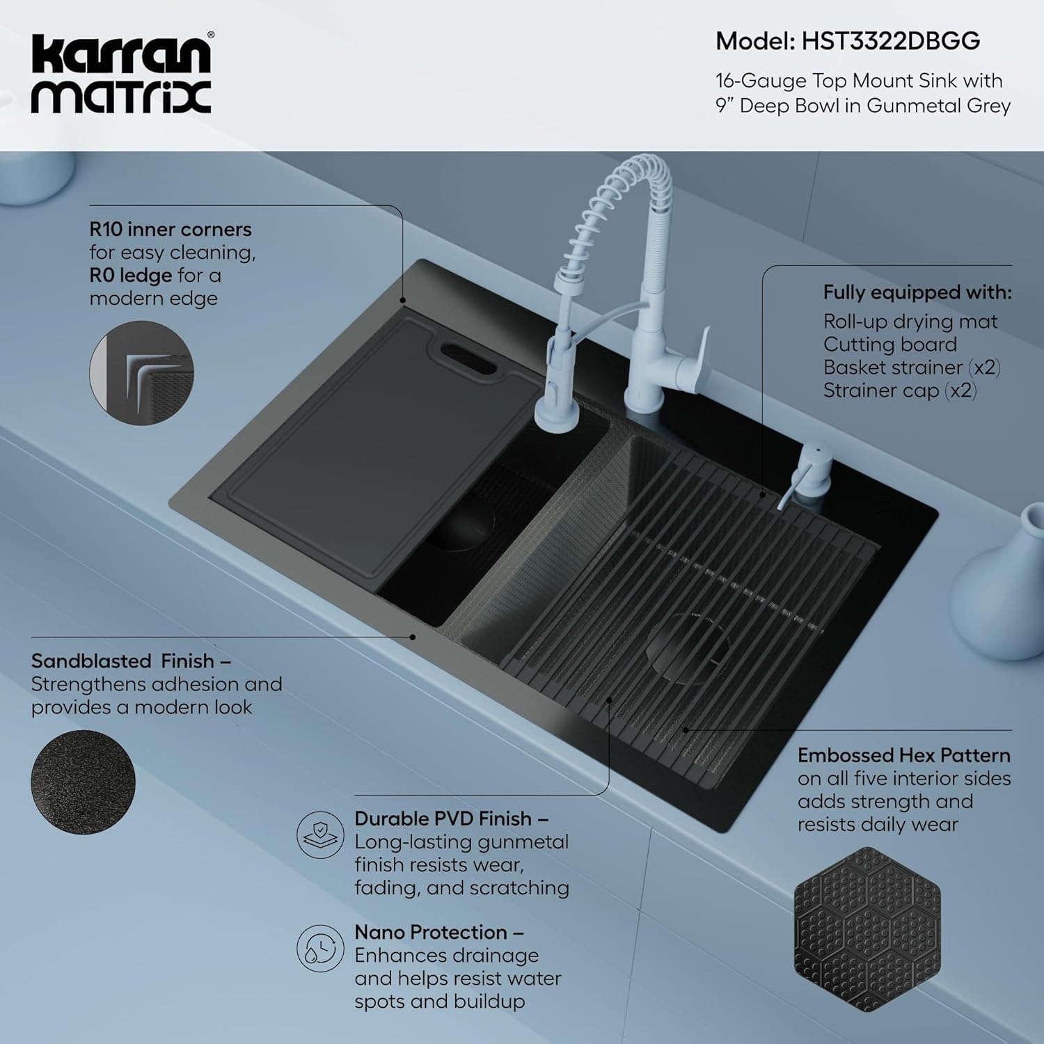 Karran Matrix 33” Top Mount Workstation Kitchen Sink, Double Bowl, 16 Gauge Stainless Steel, Gunmetal Grey, Includes Cutting Board, Drying Mat & Basket Strainers