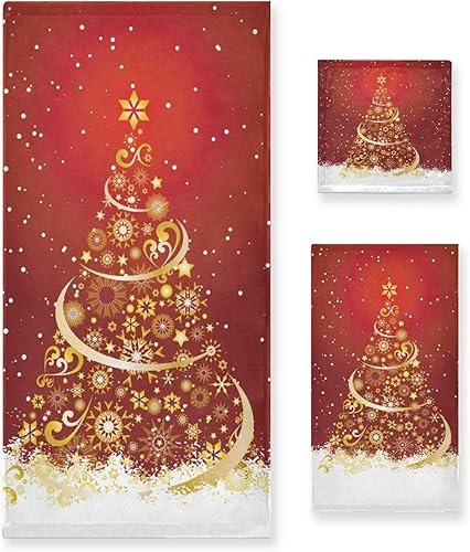 Pfrewn Juego de 3 toallas de baño con diseño de copos de nieve dorados, diseño de árbol de Navidad, diseño de copos de nieve, color rojo, suave,