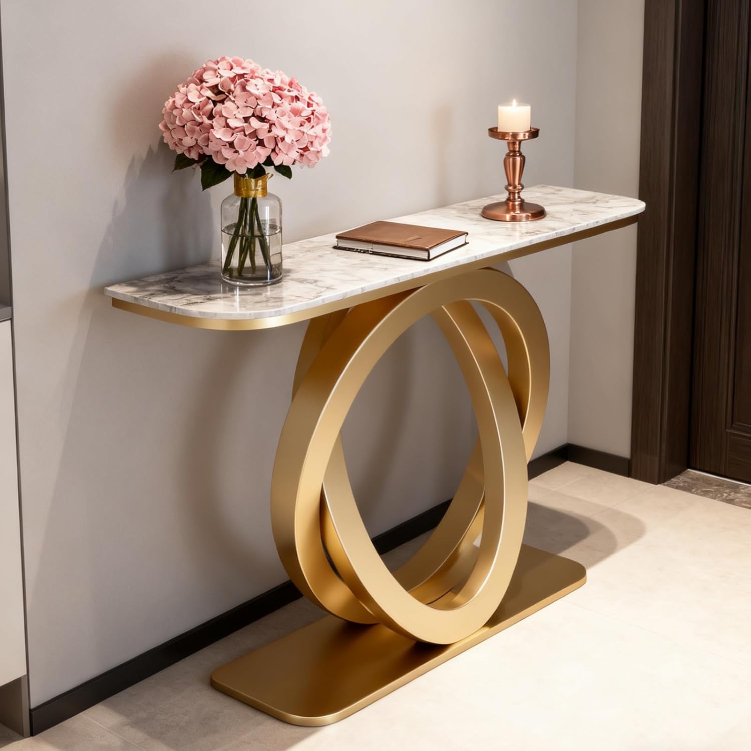 Console Tables,Contemporary Accent Table,Entryway Table with Storage Behind Couch Sofa Table for Living Room, Hallway, Foyer(White+Gold,100cm/39.4in)