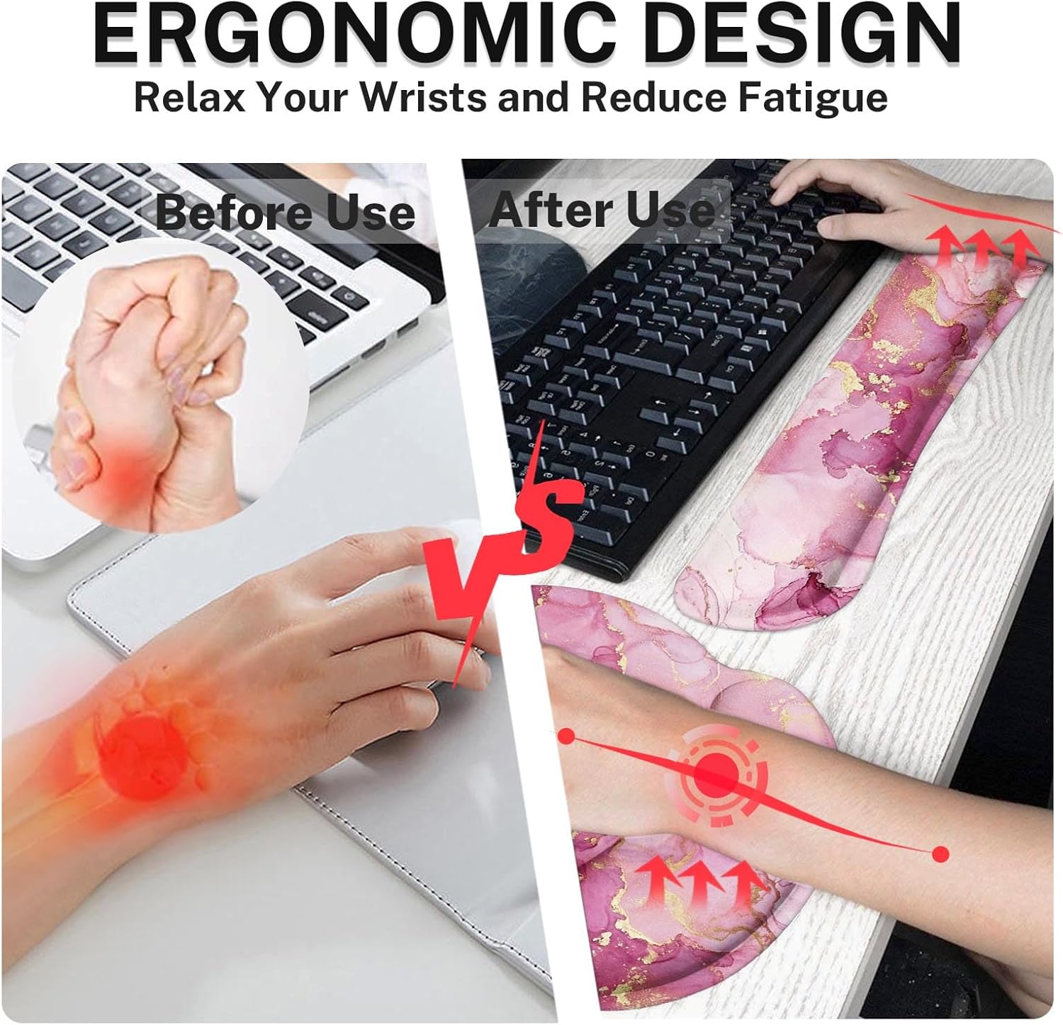 Britimes Pink Gold Liquid Marbling Keyboard Mouse Pad Set 4in1 Large Mousepad+Keyboard Wrist Rest+Mouse Wrist Rest+Coaster Set with Ergonomic Design for Home Office Computer 35.4x15.7 inches