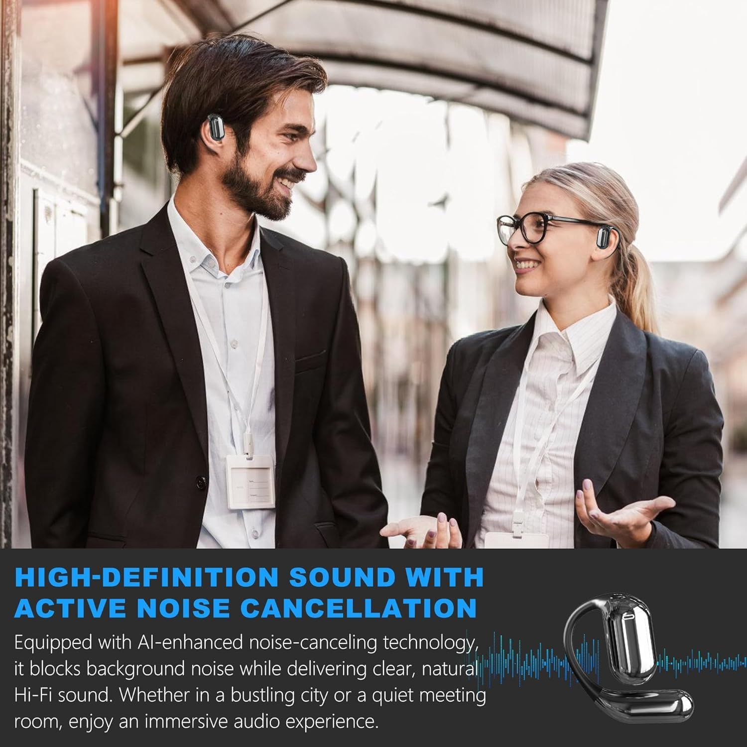 People using earbuds in a busy environment, demonstrating active noise cancellation
