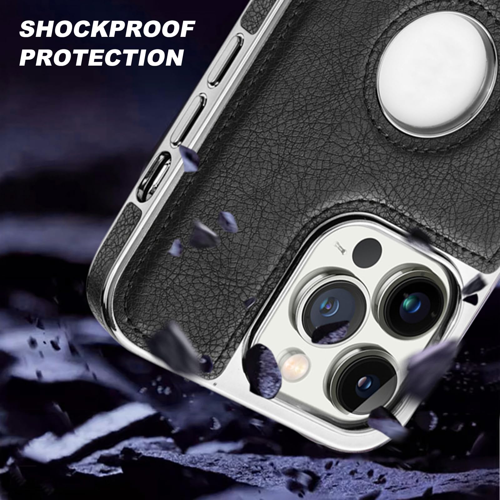 Galwanizowane etui do iPhone 16 Pro Max/16 Pro/16 Plus/16, wąskie skórzane etui z uchwytem z logo widoku, odporne na wstrząsy, etui ochronne na aparat, czarne, 16
