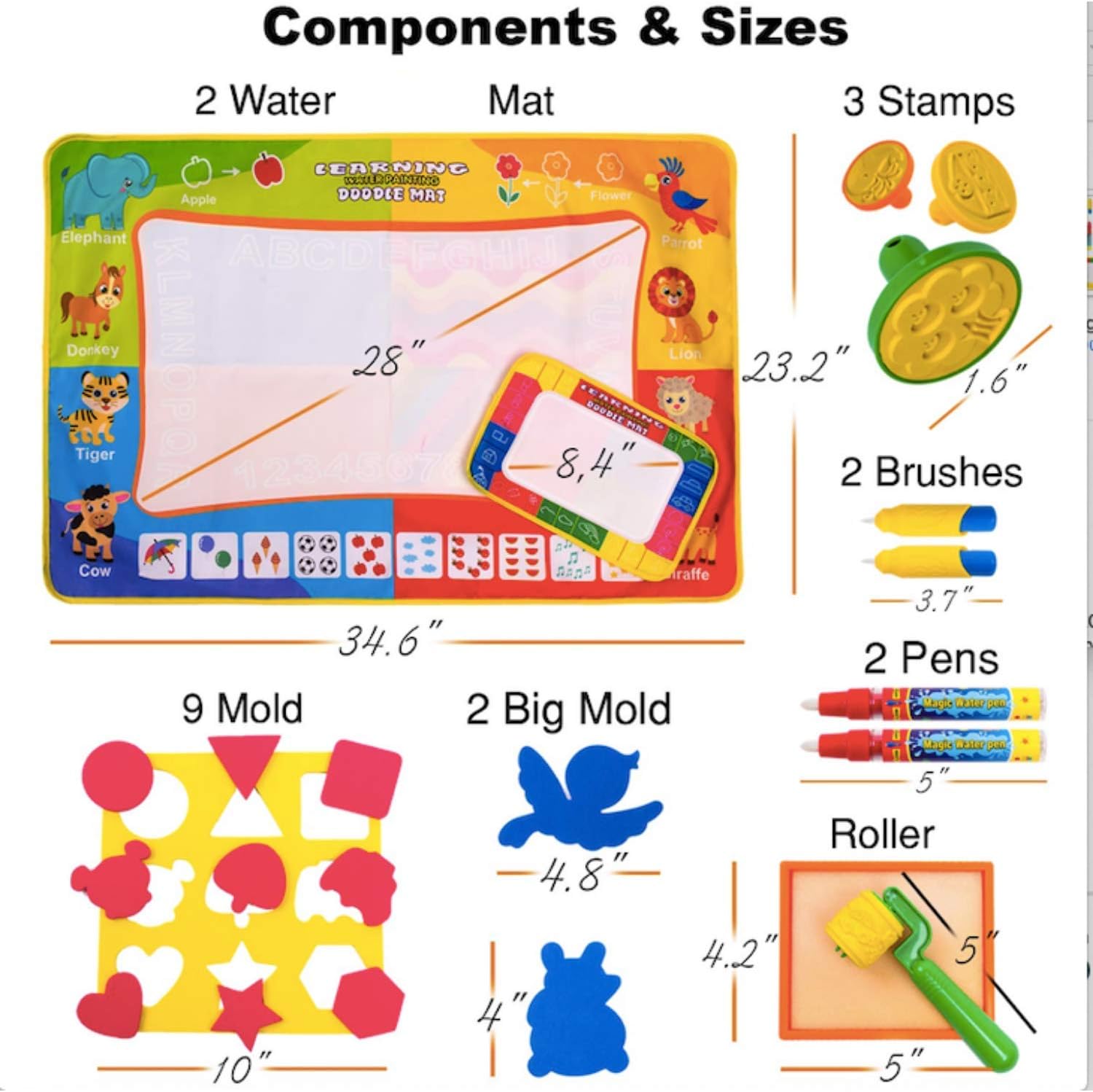Wow Four Design Two AquaDoodle Mat - one Large Aqua Magic Mat and one Travel Water mat -Educational Toys Gifts for Age 2 3 4 5 6 Year Old