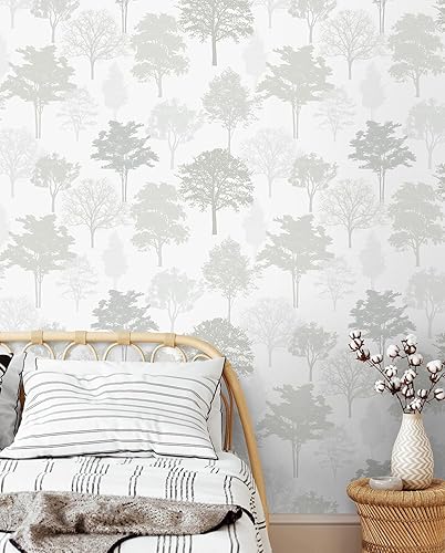 Miniatura 2 de Timeet Papel tapiz de bosque para despegar y pegar, papel tapiz moderno de árbol, papel adhesivo gris y blanco, 23.2 x 118.1 pulgadas, autoadhesivo,