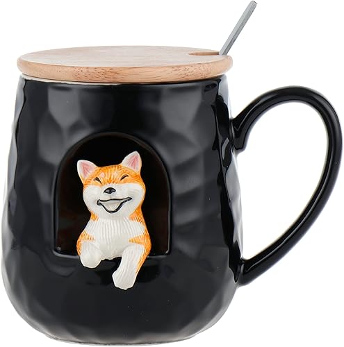 Miniatura 8 de Taza de café de cerámica, diseño de gato 3D con tapa y cuchara a juego, taza hecha a mano de dibujos animados para té, leche y chocolate, jugo