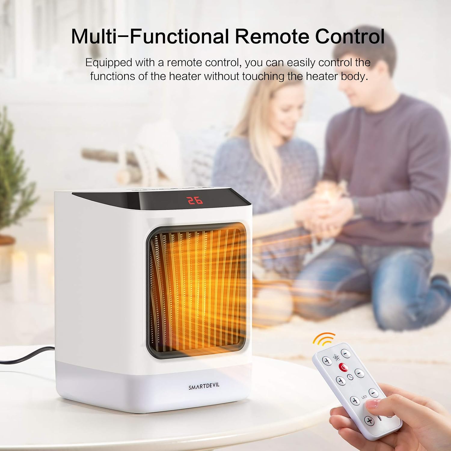 SmartDevil Space Heater, 800W Mini Portable Heater, Desktop Heater with Timing Function, 2 Heating Setting, LED Lights for Office, Bedroom, Kitchen (White)