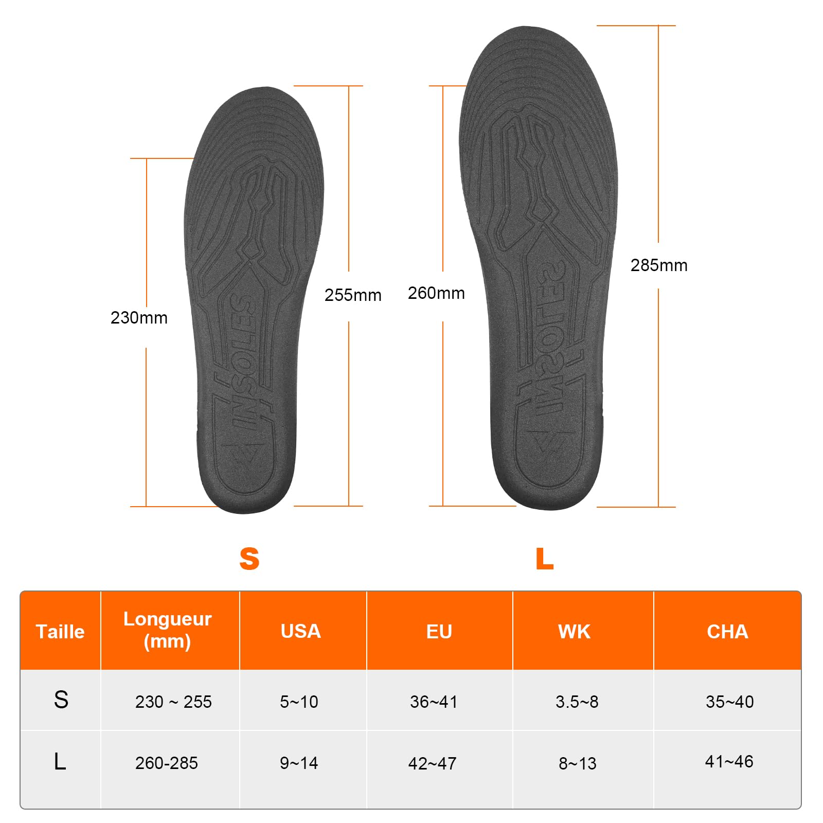 Semelles Chauffantes Rechargeables Batterie Externe 4 Niveaux de Température Chauffe-Pieds, Taille à Découper : 36-47, Lavable