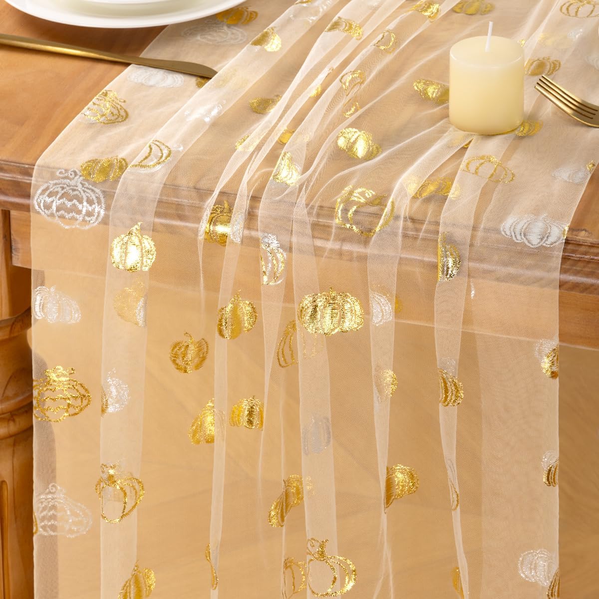 Valentine's Day Beige Gold Heart Sequin Table Runner Sheer Gauze Chiffon Cheesecloth 2 Piece Glitter Metallic Foil Table Runners 10FT for Weddings, Birthdays Party, Christmas & Every Glam Event