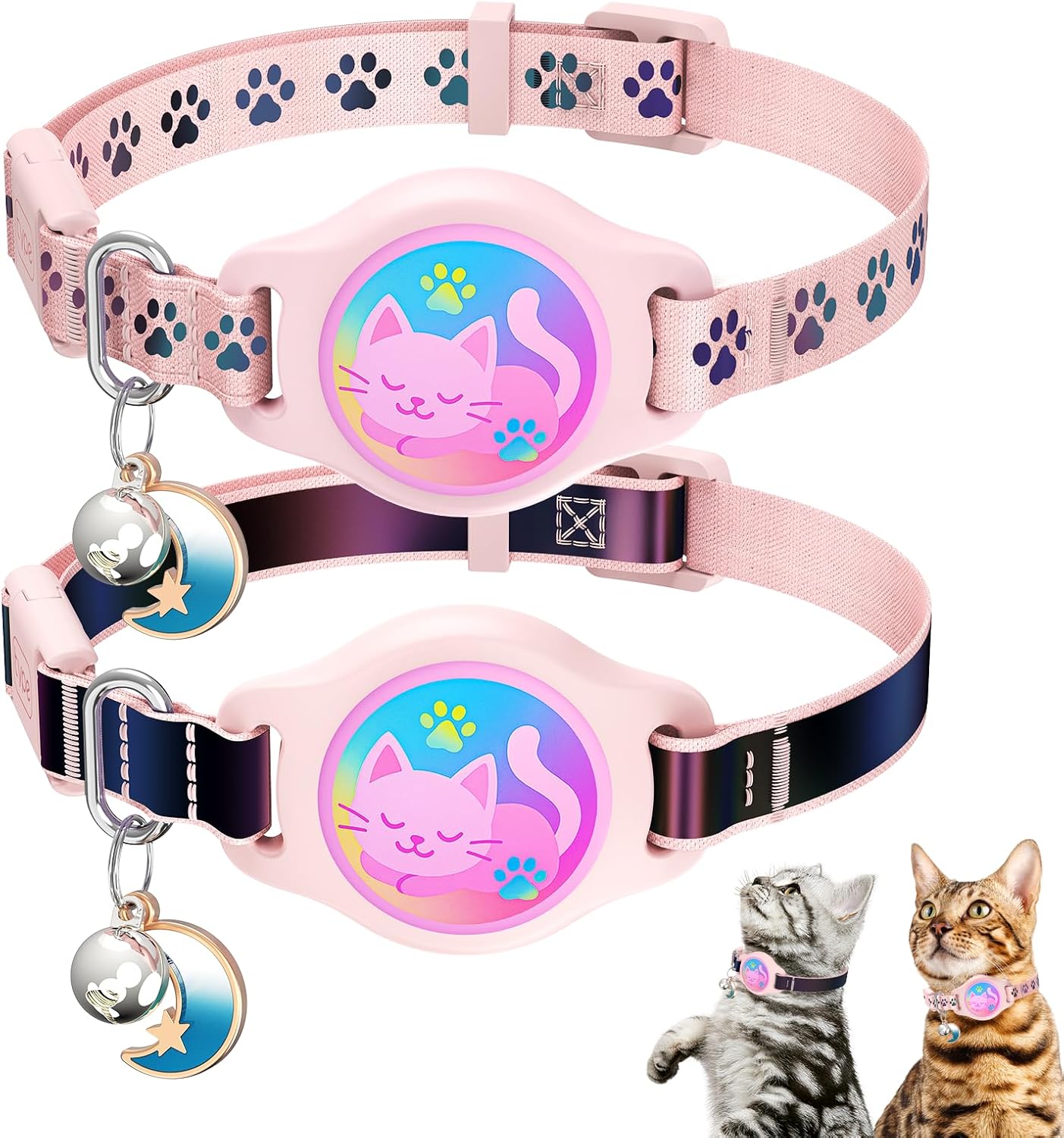 Cat Collar with Airtag Holder, 2 Pack Waterproof Breakaway Kitten Collar for Apple AirTag GPS Tracker, Adjustable Cat Collar with Buckle, Bell & Reflective Pattern for Cats, Kittens, Pink (8-11″)
