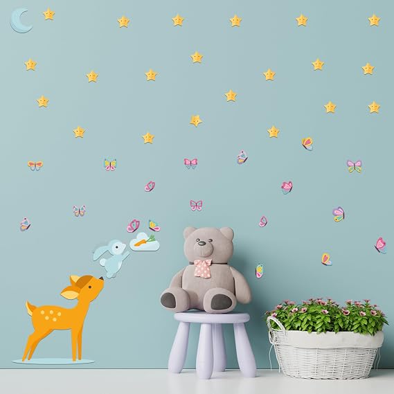 Yavru Ceylan, Sevimli Tavşan ve Rengarenk Kelebekler Duvar Sticker Seti - Bebek ve Çocuk Odası Dekoratif Duvar Çıkartması