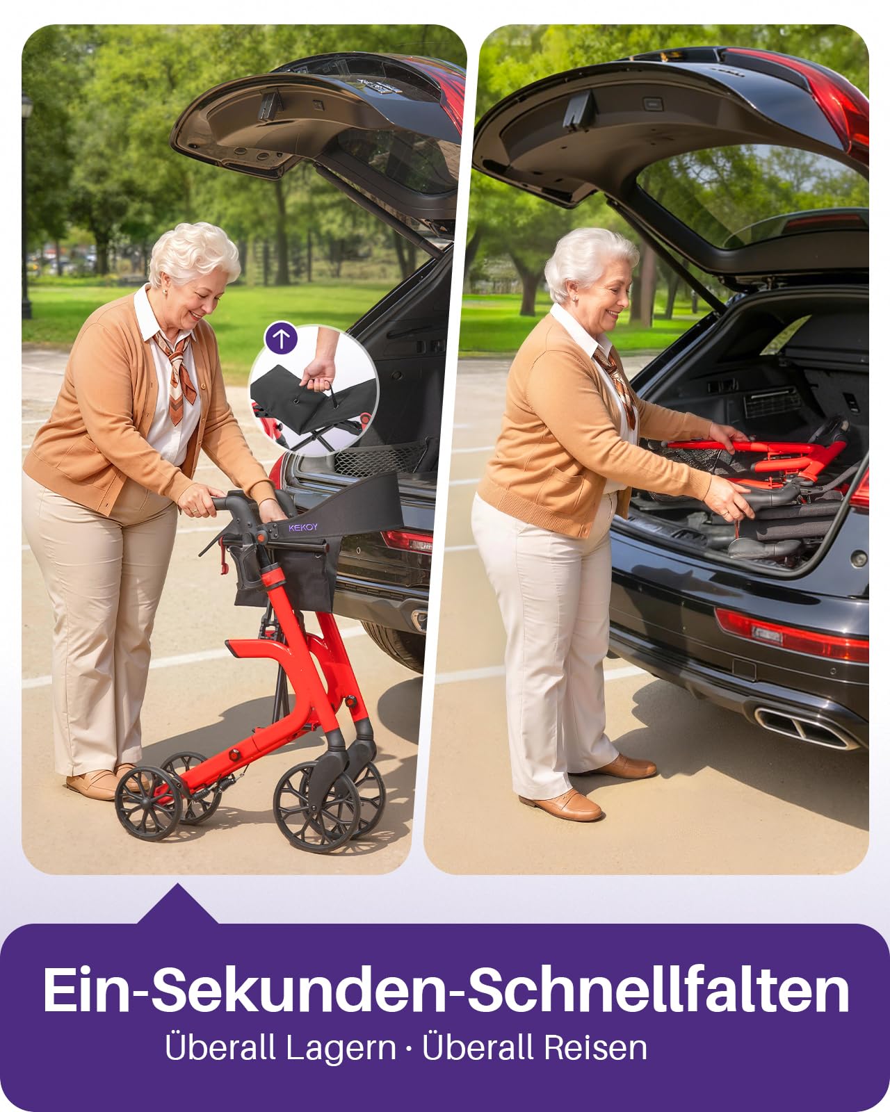 Kekoy Bariatrischer Rollator faltbar mit Sitz für Senioren, 226 kg Traglast | Auf allen Geländen. Aluminium höhenverstellbarer Outdoor Rollator mit 50 cm Sitzkissen, Lehne, Stauraum & Becherhalter, Rot