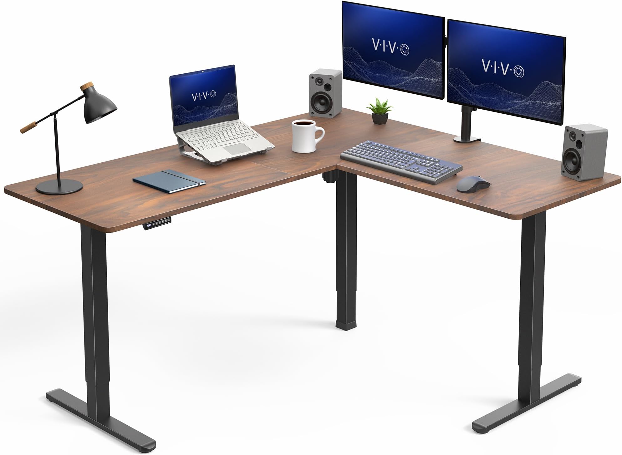VIVO Corner Standing Desk, 63 x 55 inch Reversible L-Shaped Workstation, Electric Height Adjustment, Home, Office, and Reception Rooms, Dark Walnut Table Top Black Frame, DESK-E3CTD