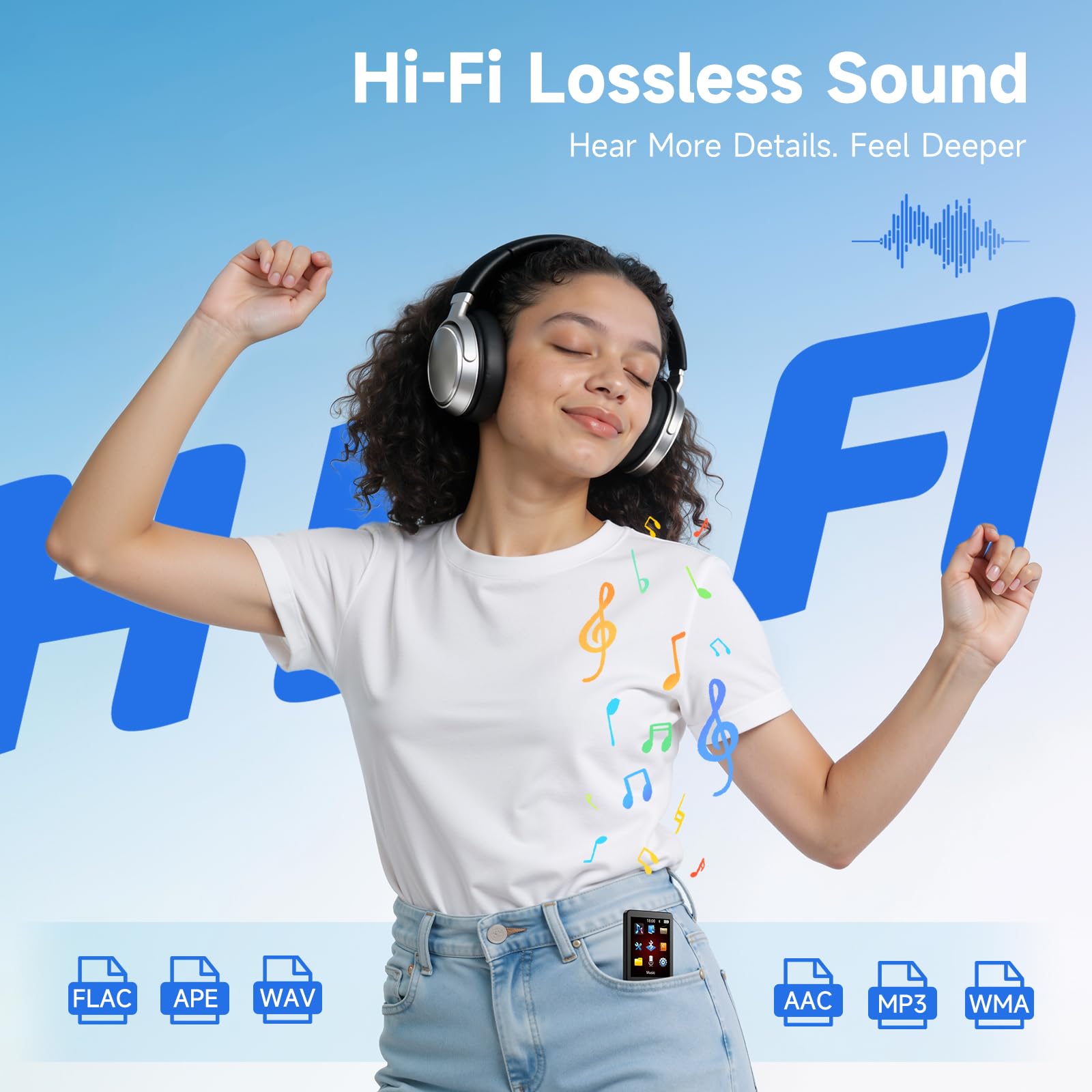 Lettore MP3 da 64 GB con Bluetooth 5.3, lettore musicale portatile con altoparlante integrato, lettore audio digitale per sport con funzione vocale, radio FM, supporta schede di memoria fino a 128 GB