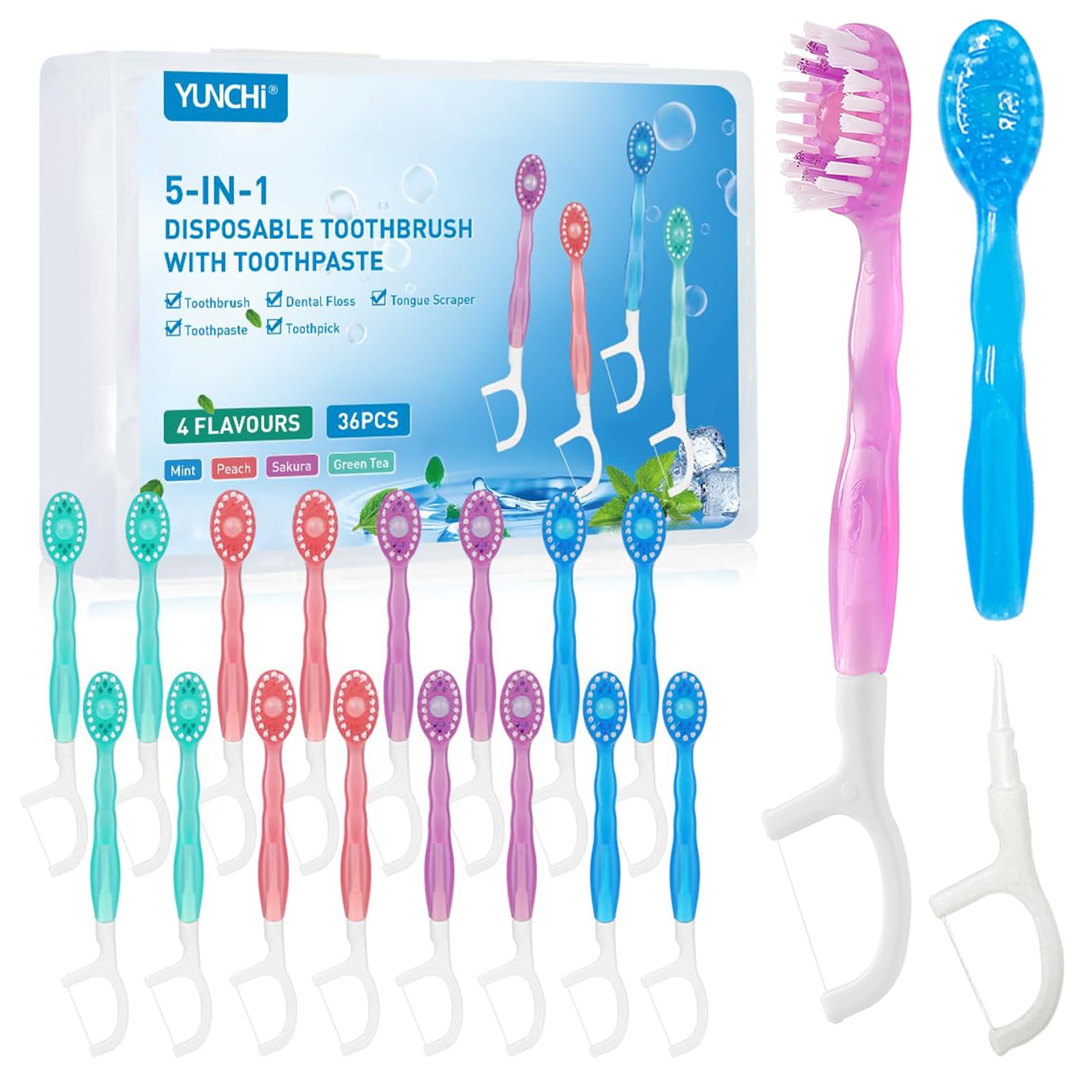 YUNCHI Mini Zahnbürste 5 in 1 Einmalzahnbürsten mit Zahnpasta + Pickel + Zungenschaber + Zahnseide, Reisezahnbürste Einzeln Verpackt für Camping Geschäftsreisen Kinder Erwachsene