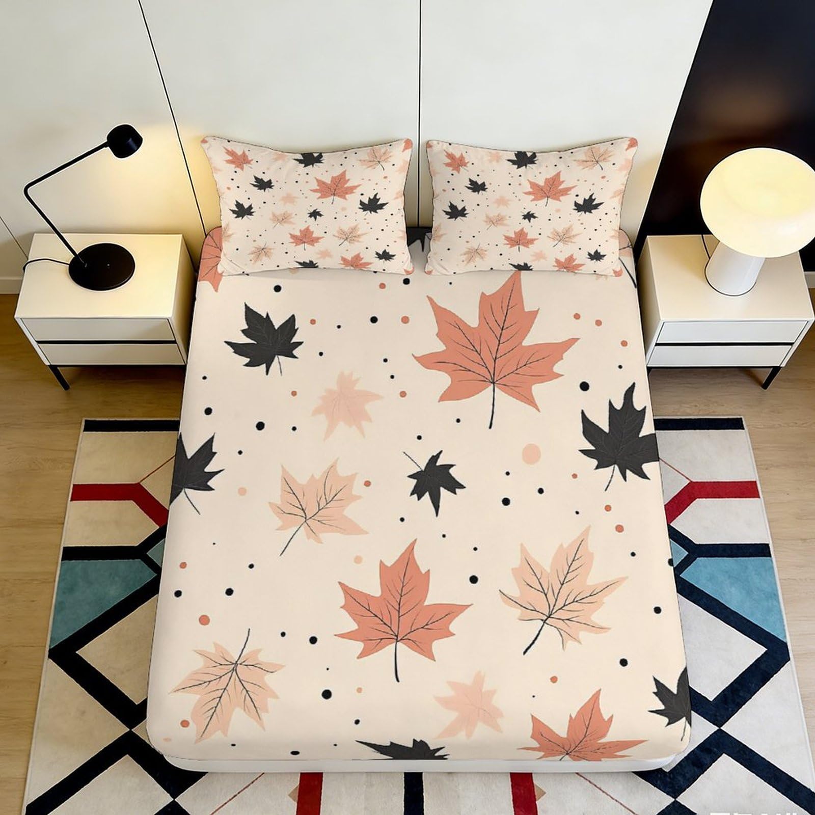 3D Printed Autumn Maple Leaf Fitted Sheet Microfiber Soft Anti-Slip Bed Cover Bedroom Decor Dustproof Easy Care 90x200x25cm
