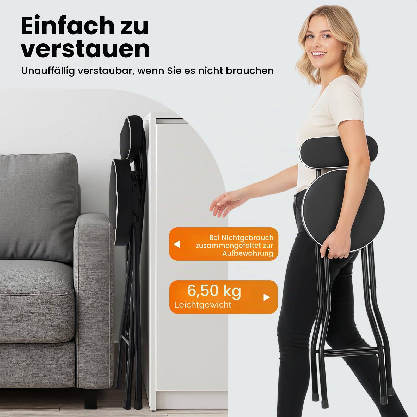 Klappbar Barhocker, 2er Set Bar Hocker mit Lehne, Klappbarer Stehhocker für Bar und Tresen, Jeder Stuhl Belastbarkeit 125kg, Schwarz