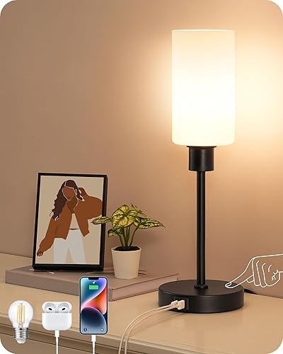 Miniatura 9 de EDISHINE Lámpara de mesa de cristal de 19 pulgadas con control táctil, moderna lámpara de noche, 3 etapas regulables y puertos de carga