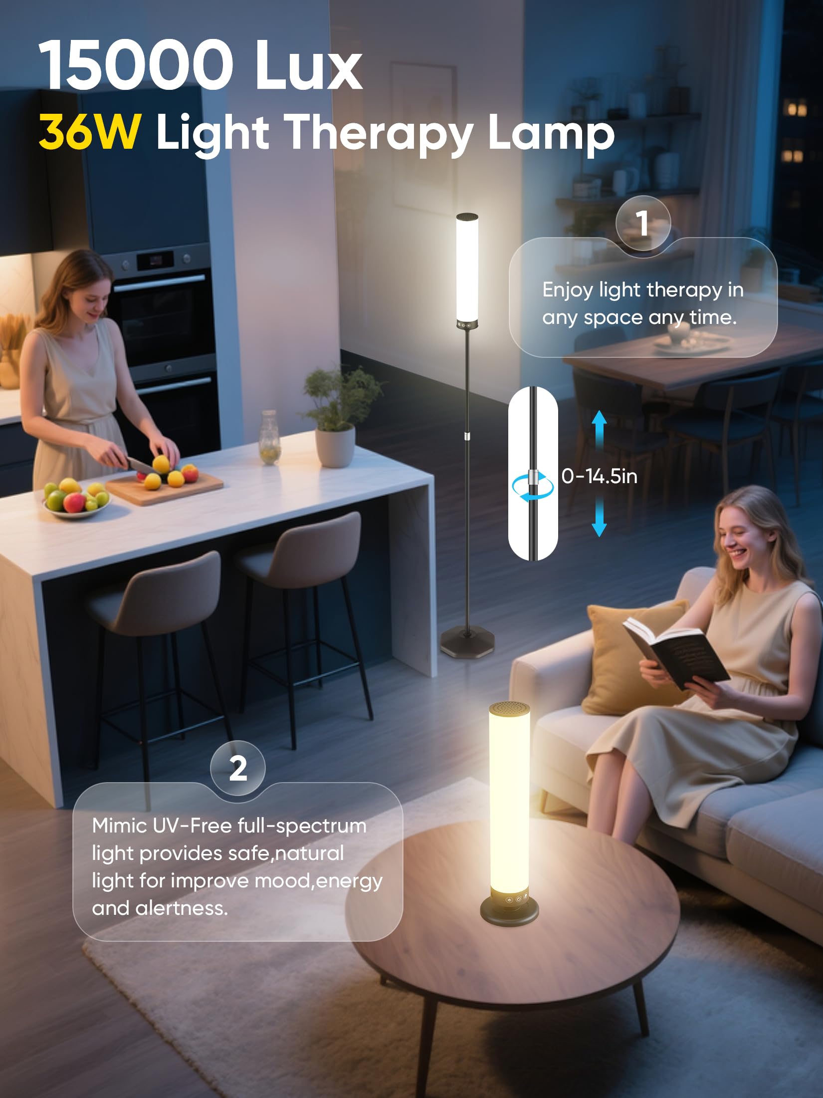 Tageslichtlampe 20000 Lux Lichttherapielampe mit Fernbedienung 2-in-1 Stand-und Tischlampe Vollspektrum 36W