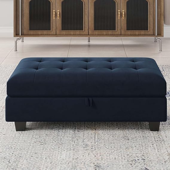 Belffin Oversized Rectangular Ottoman with Storage - Velvet Tufted Upholstered Footstool for Living Room Bedroom (Blue)