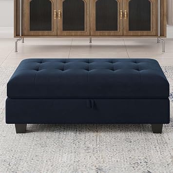 Belffin Oversized Rectangular Ottoman with Storage - Velvet Tufted Upholstered Footstool for Living Room Bedroom (Blue)