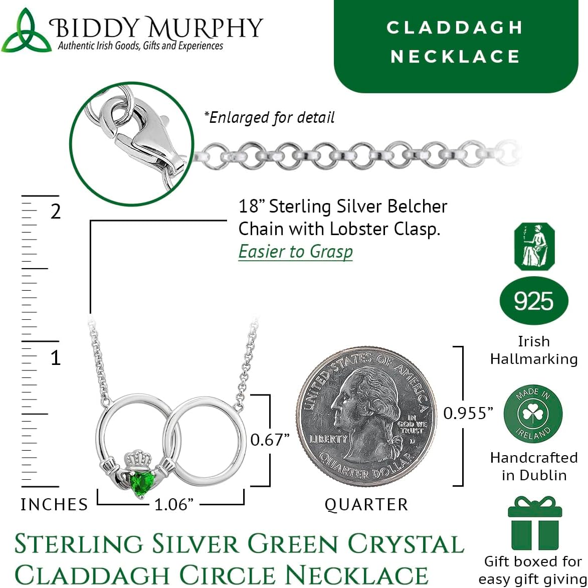 Biddy Murphy Silver Claddagh Necklace for Women, Symbolises Both Never Ending Love with Loyalty and Friendship, Crafted and Stamped for Authenticity in Ireland - Select 18" or 20" Chain Length