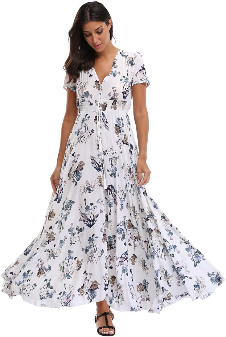 Women's Boho Floral Maxi Dress Summer Button Up Split Flowy Beach Party Dress