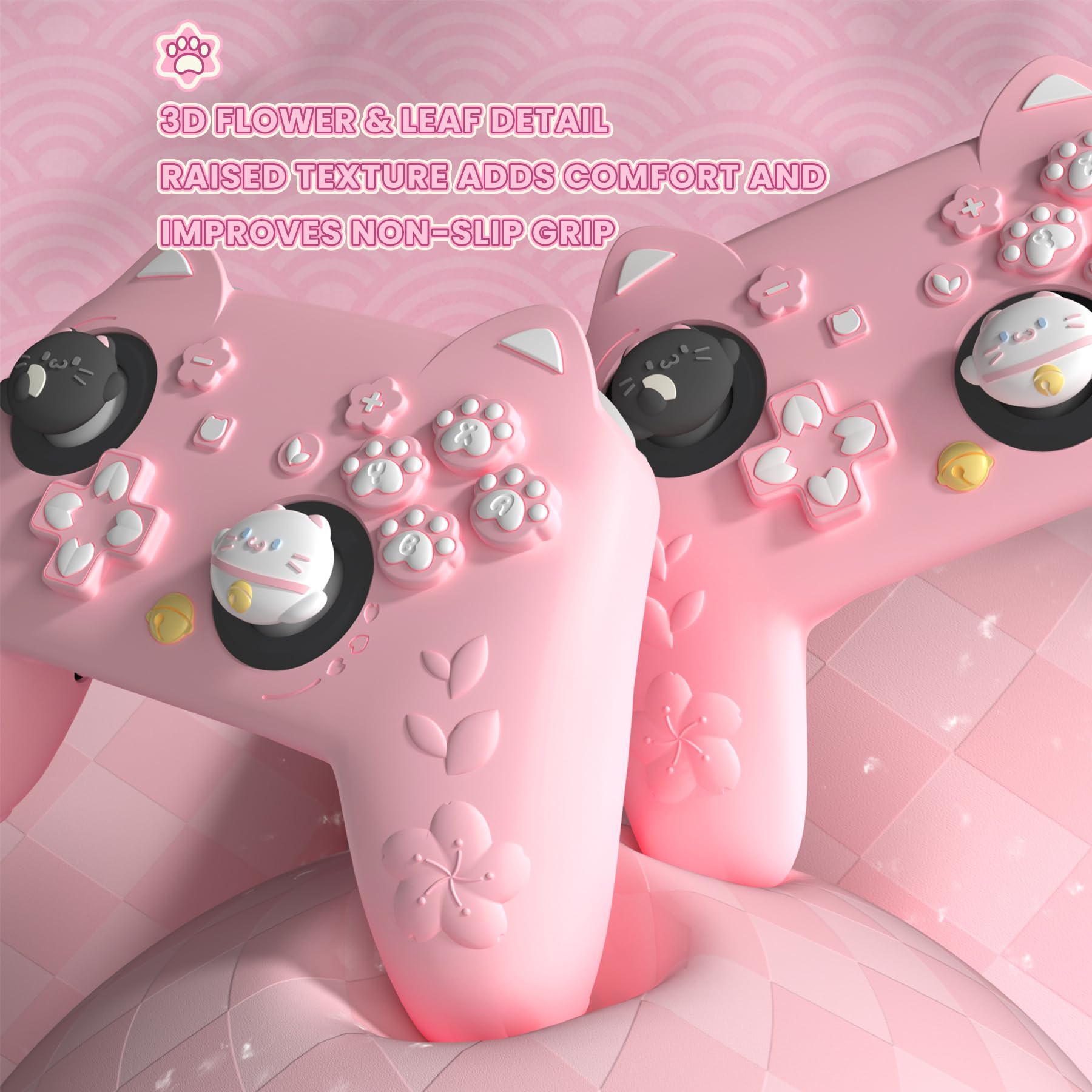 PlayVital for Nintendo Switch 2 Pro Controller Silicone Cover – Cherry Blossoms Kitten Cute Protective Skin Case for Switch 2 Pro Controller w/Back Button Cap & Thumb Grip & Sticker - Pink - 3