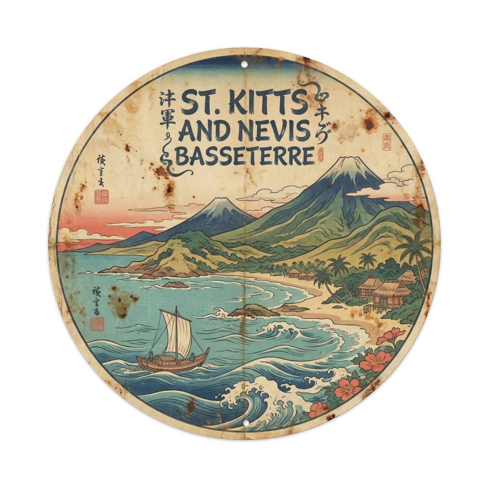 Lagoon Travel Saint Kitts And Nevis Baseterre Woodblock Metal Tin Sign