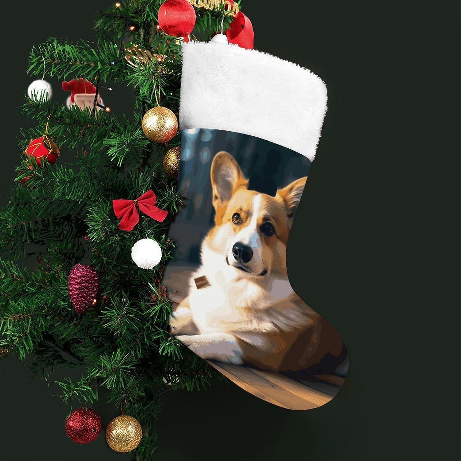 Christmas Stocking Smart Corgi Xmas Stockings Personalized Christmas Stockings Hanging Ornaments Large Hanging Stocking for Stairs Fireplace Xmas Home Decor image 5