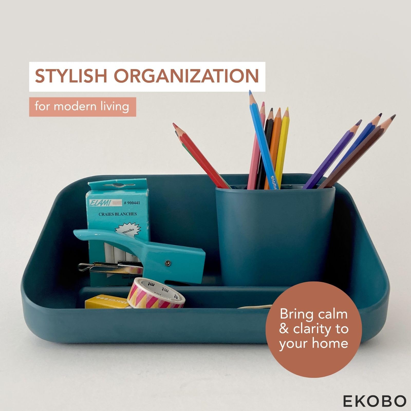 EKOBO Bambusowy organizer do wanny/biurka, chmura, modułowy, 3-komorowy, ekologiczny organizer na blat, ze zdejmowanym kubkiem, do łazienki, biura lub jako uchwyt na ołówki na biurko