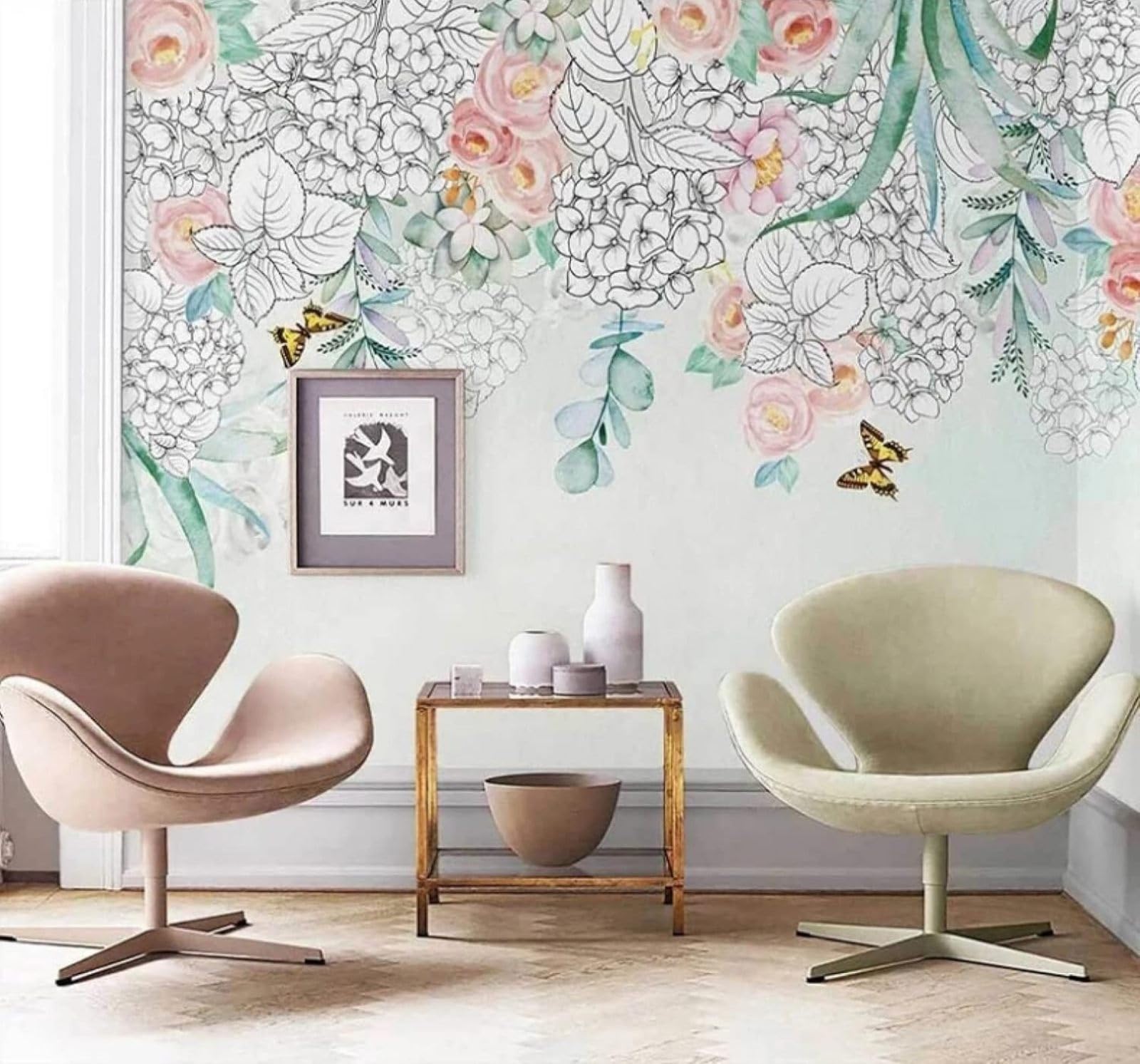 XLMING Hand Drawn Beautiful Pastoral Flowers Butterflies 3D Wallpaper Luxury Home Dining Decor Paste Sofa Living Room The Wall for Bedroom Mural-300cm×210cm